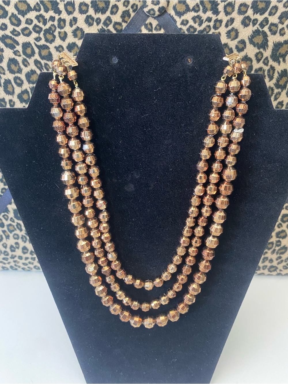 Triple-Strand Gold/Bronze Necklace Vintage Beaded Faceted Metallic Statement